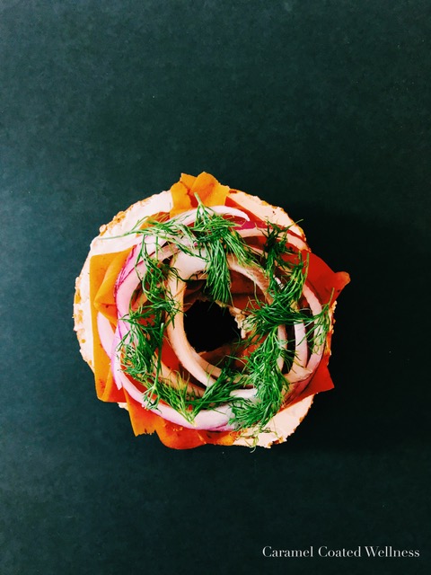 marinated carrot lox on bagel